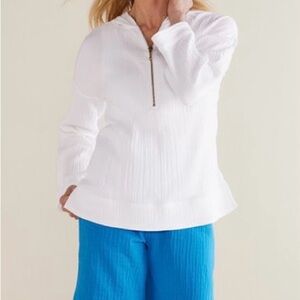 Soft Surroundings Kenia gauze hoodie Shirt white quarter zip gold zipper SIZE L